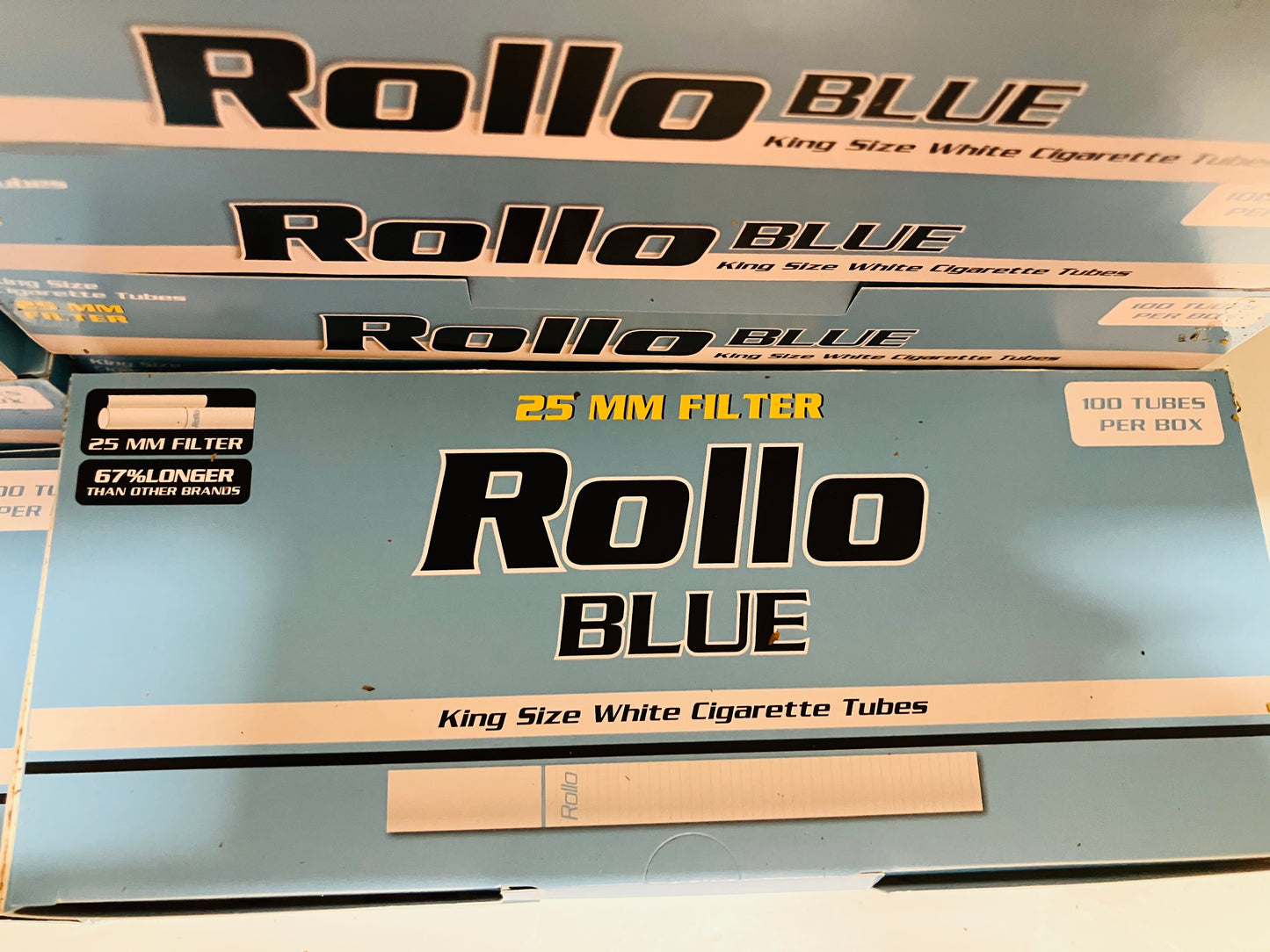 Filled Rollo King Size Blue 25mm Filter. 100 In A Pack.
Each Pack Has 100 Filled Tubes