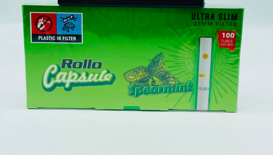 100 X Rollo Ultra Slim Pop SpearMint 25mm Filter Tubes Capsule