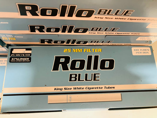 Filled Rollo King Size Blue 25mm Filter. 100 In A Pack. 
Each Pack Has 100 Filled Tubes